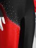 S-3XL Women‘s Dance Bodysuit Sparkly Rhinestones Long Sleeve Pants Back Zipper Color Block Full Coverage Unitard for Skating Ballet