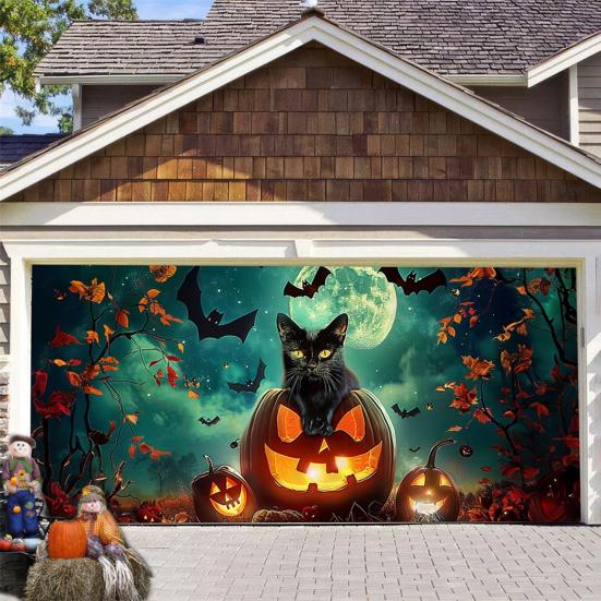 7 X 16ft Halloween Garage Door Cover Large Skeleton Graveyard Hanging Backdrop Door Banner for Halloween Yard Front Porch Wall Decoration