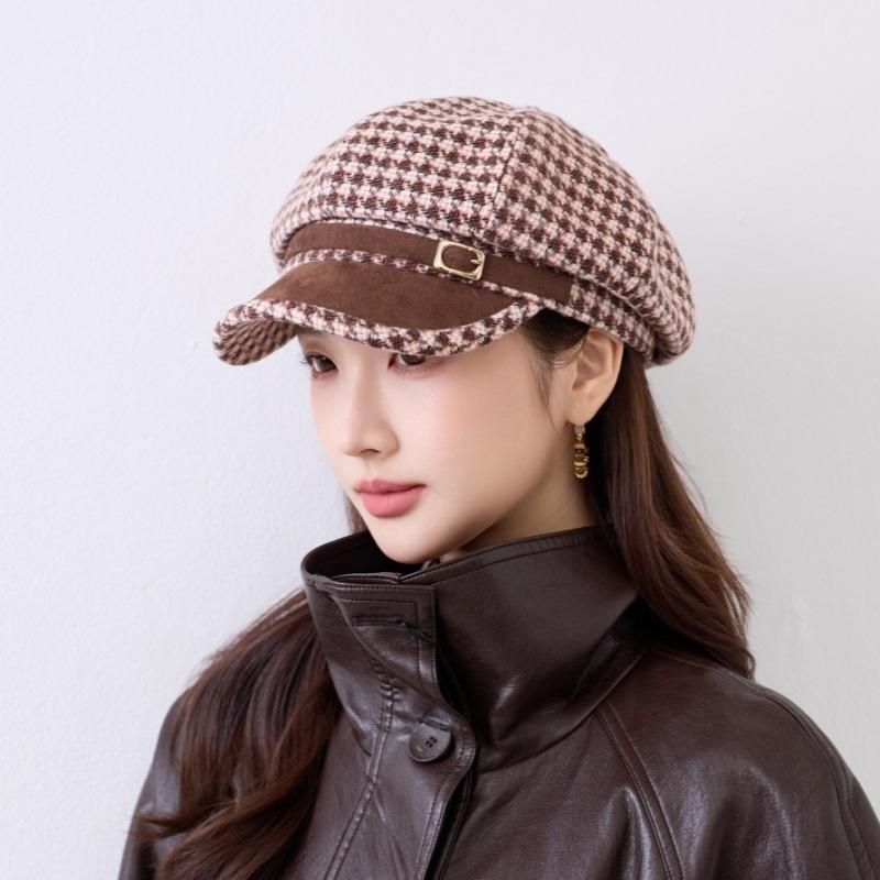 New British style retro plaid octagonal hat female small fragrant style show face small newsboy hat autumn and winter fashion hat