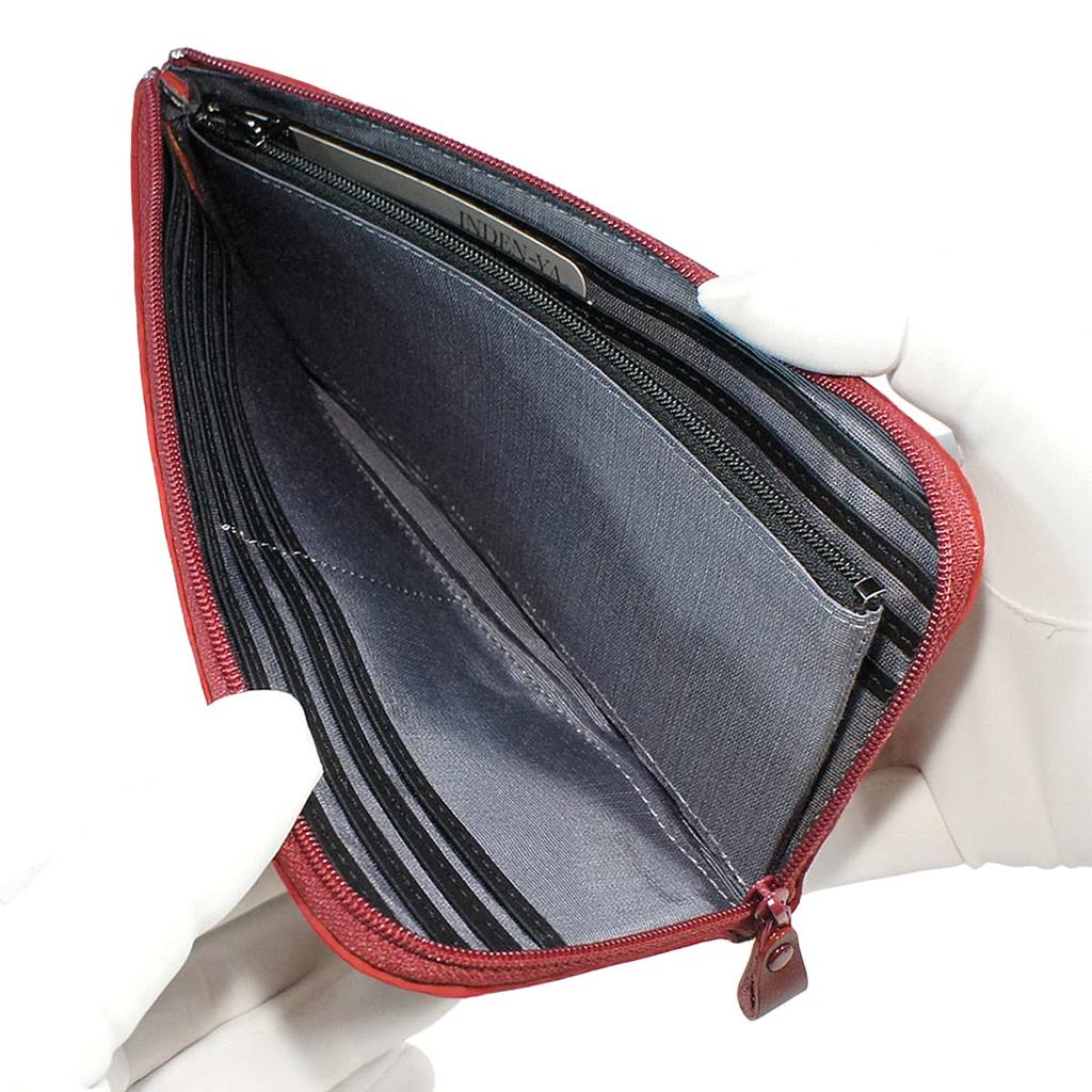 [Inden-ya] Inden Long Wallet, Treasure Case A, L-shaped Zipper, Deerskin, Red with White Lacquer, Diamond and Chrysanthemum Pattern, 2315-13-017