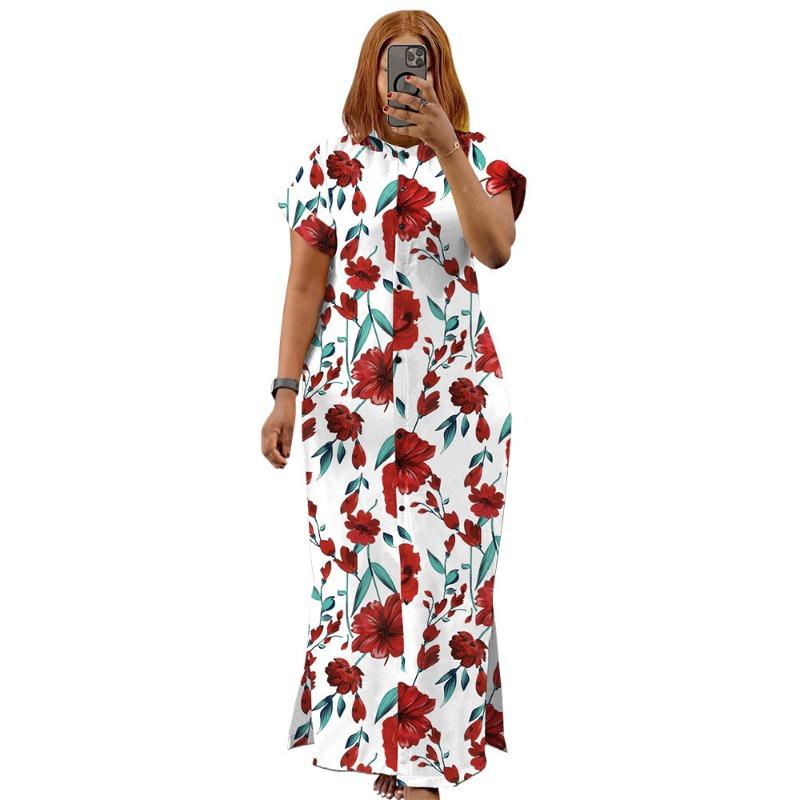 Plus Size Colorful Geometric Print Button Down Short Sleeve Maxi Dress