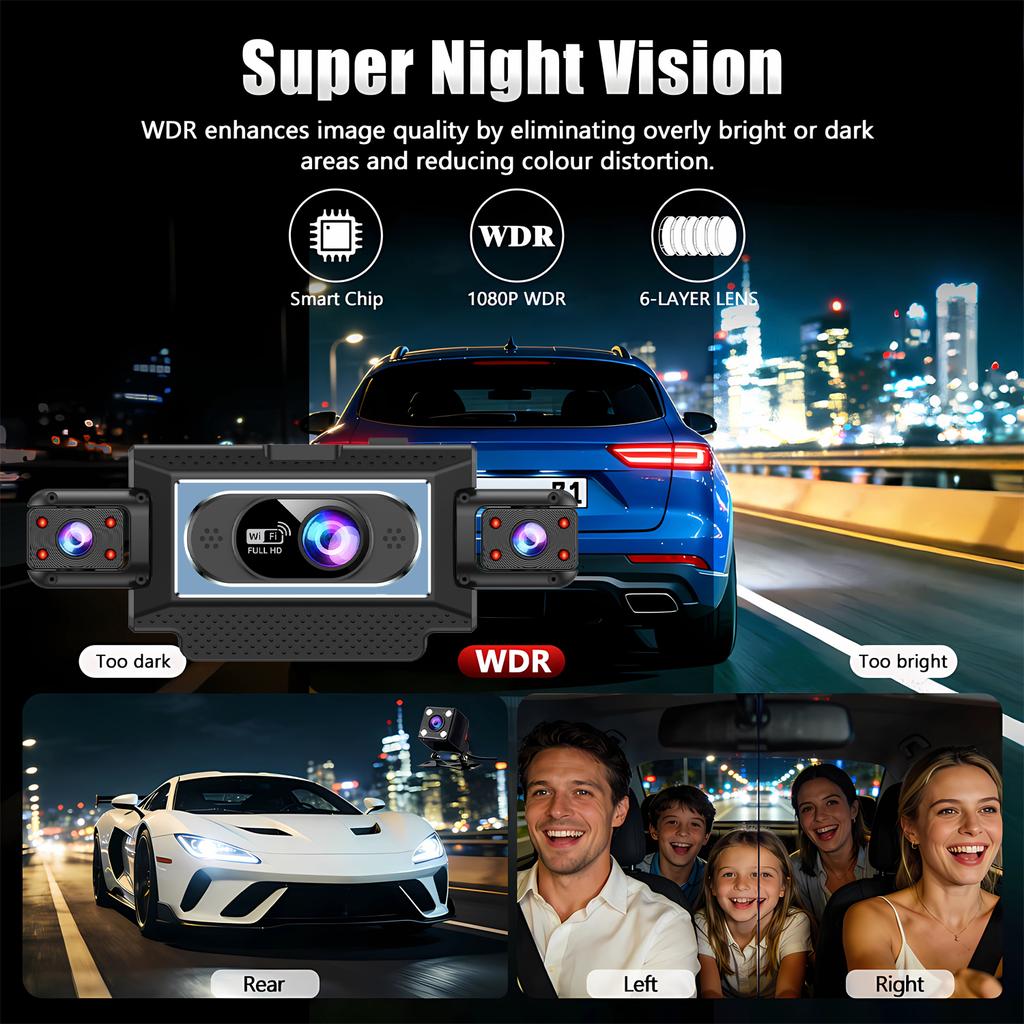 4-Channel 360° Dash Cam for Cars – WiFi APP, 1080P, 4 Camera Lenses, Rear View, Video DVR