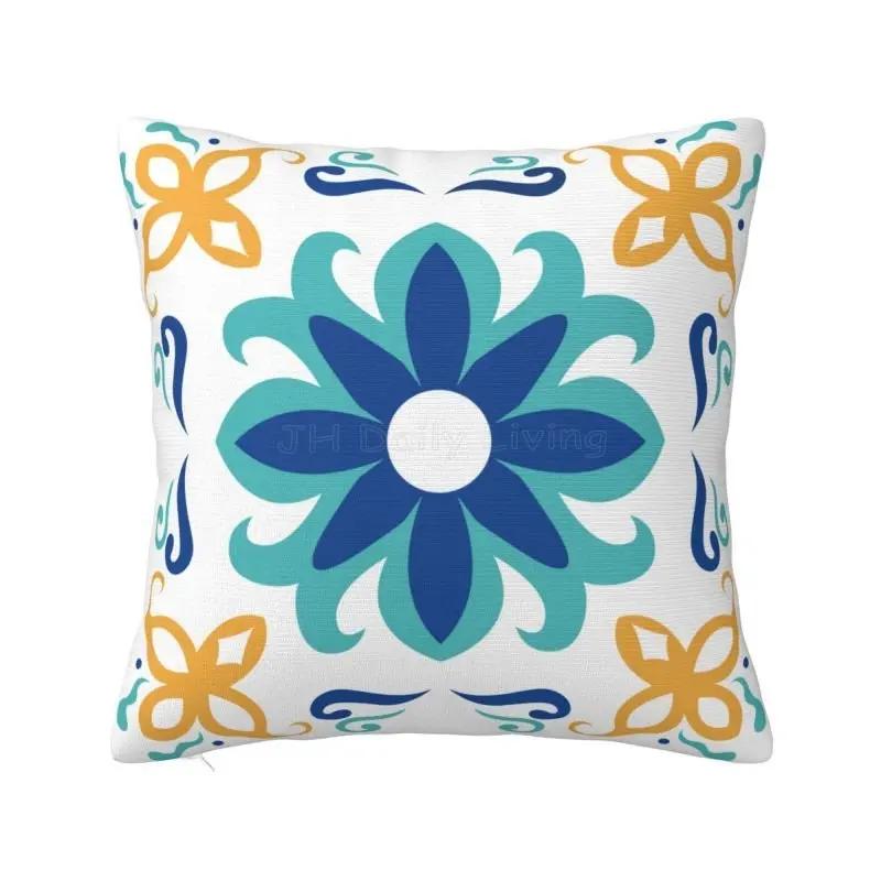 Throw Cushion Cover Boho Blue Floral Print Pillow Case Home Farmhouse Pillow Cover for Outdoor Patio Funiture Garden 18x18 Inch