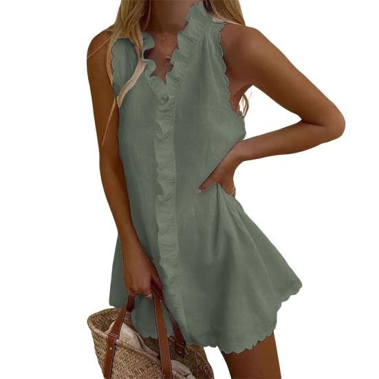 Summer Ruffle Mini Dress for Women, Sleeveless V Neck Cotton Linen Short Dress, Boho Beach Vacation Casual A-Line Sundress