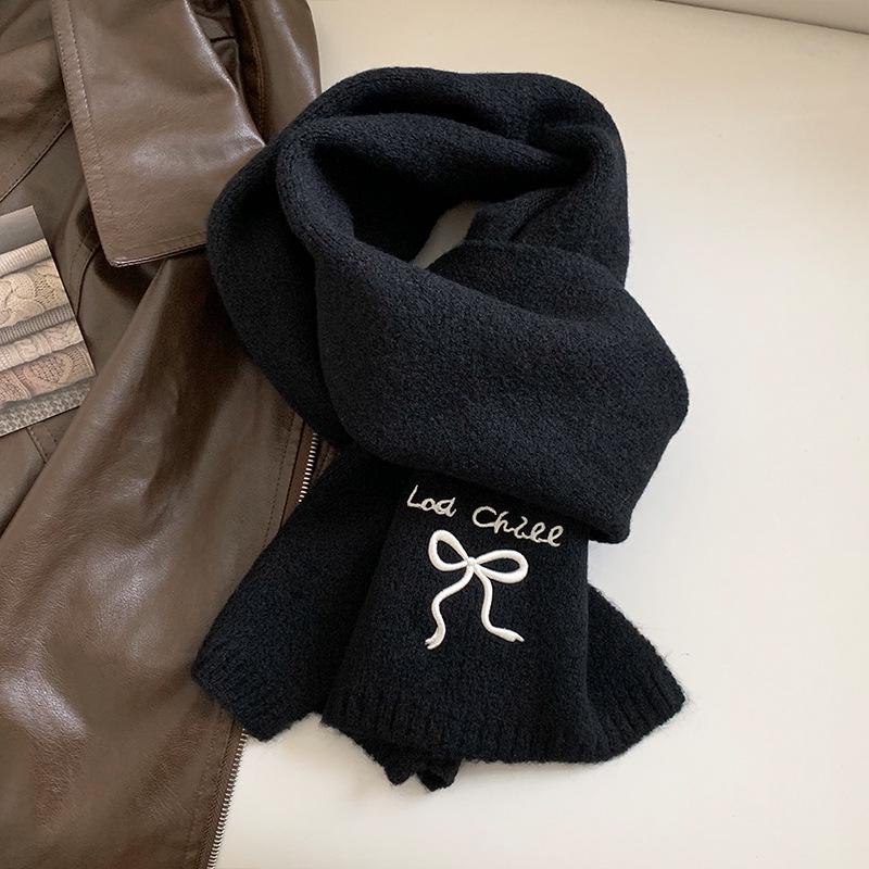 Japanese-Style Women's Winter Scarf: Cute Bow Knot, Warm Knitted Neck Gaiter with Embroidery
