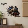 Wall Renovation Stickers for Renters 3D Retro Train Sticker, Break Through Decal, Peel and Stick Art Decorative Study Room Mural Kids Bedroom