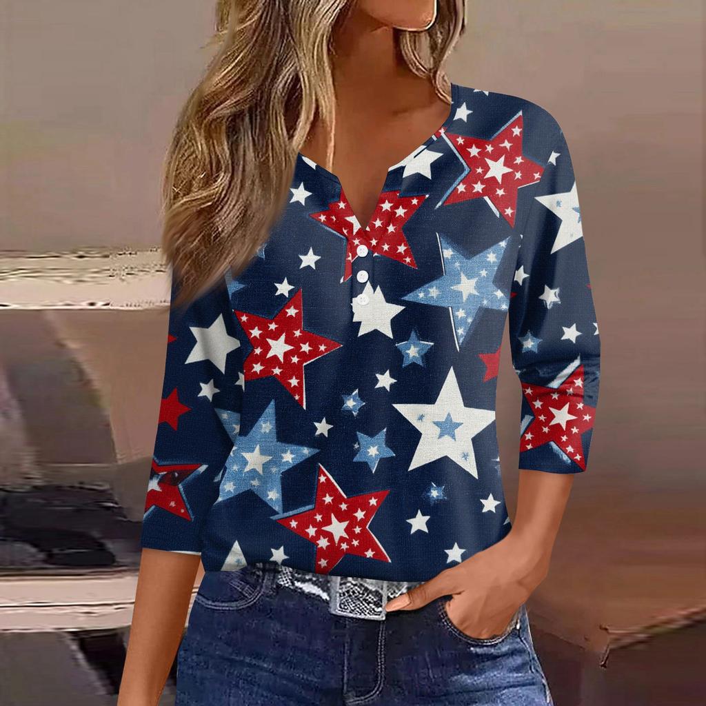 Women's T Shirt Independence Day Print Button 3/4 Sleeve Daily Weekend Fashion Basic V- Neck Regular Top
