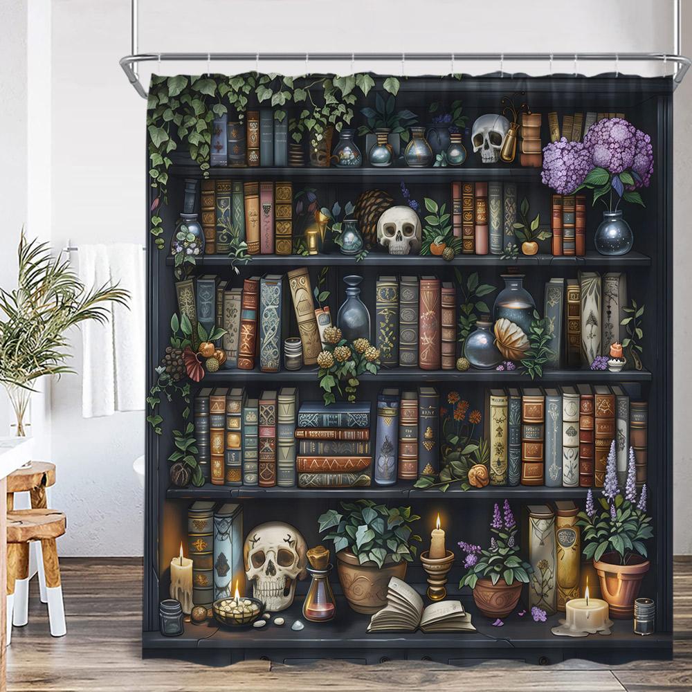 Vintage-Bücherregal-Duschvorhang, Bücherregal, Bücher, Retro-Arbeitszimmer, Badezimmerdekor, Zaubererzimmer, Polyester-Badewannenvorhang