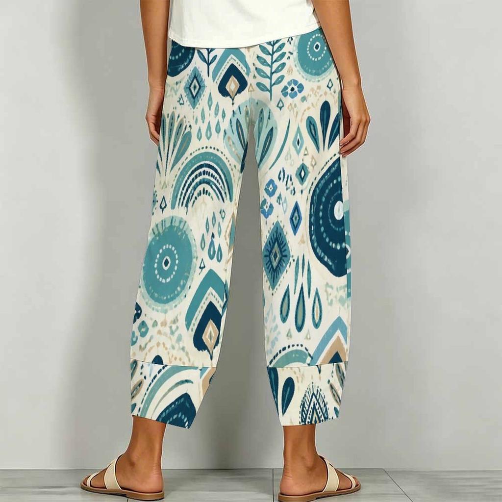 Women Plus Size Loose Nautical Print Cropped Pants Blue Beige Cross Hem With Pockets