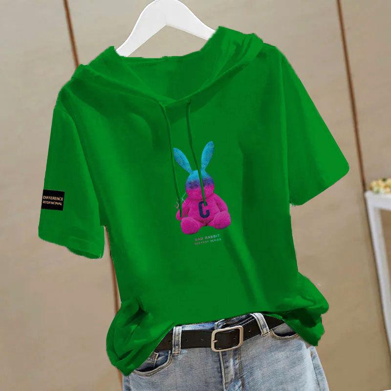 100% Cotton Ethnic Style Hooded Loose Short Sleeve Women's T-shirt - Summer Casual Versatile Top