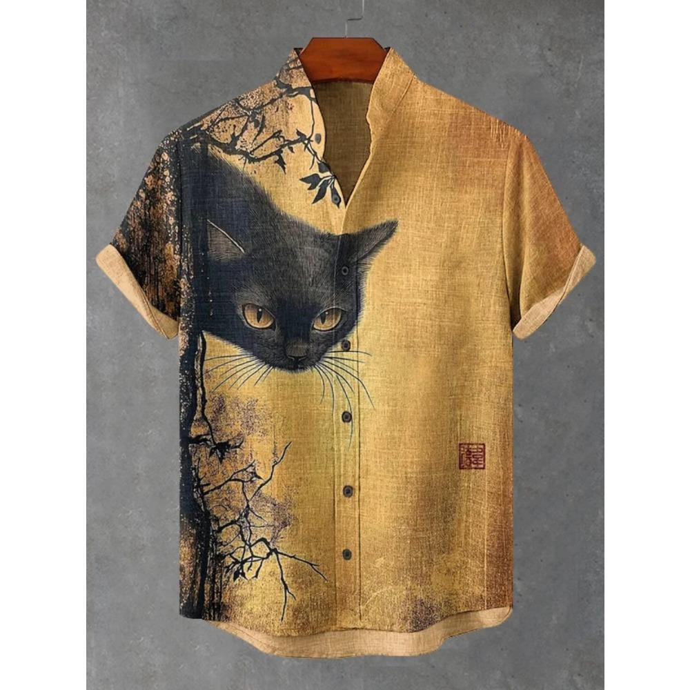 Men's Japanese Retro Art Black Cat Print Shirt Short Sleeve Stand Up Collar Single Breasted Casual Linen Top for Vacation