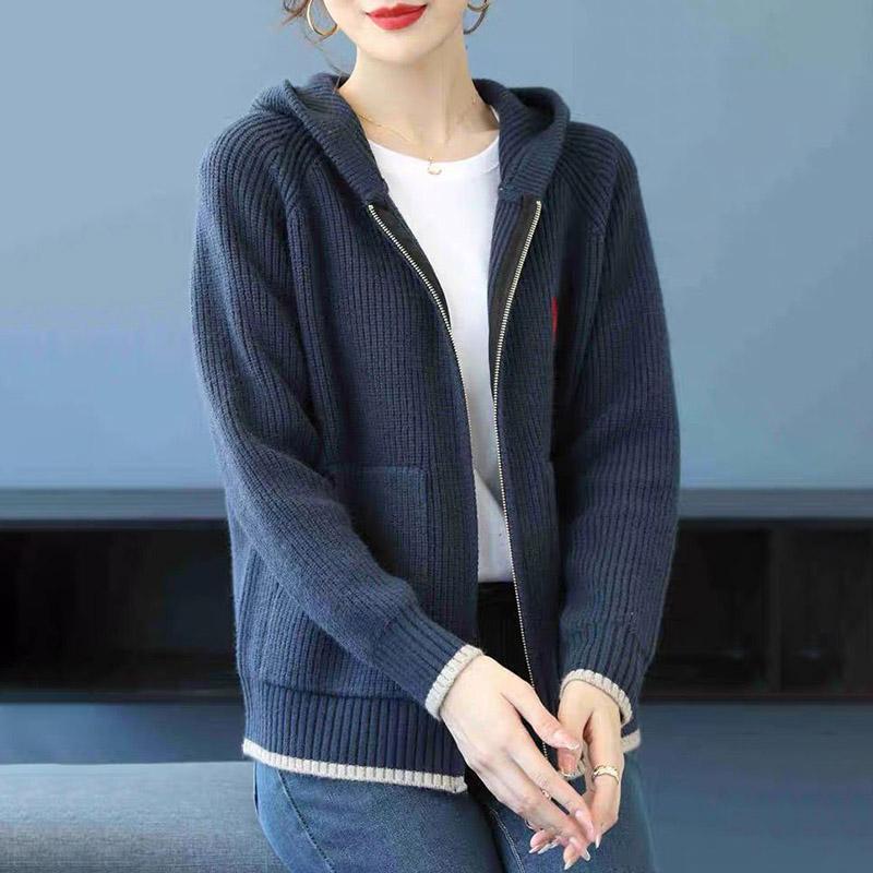 Sweaters Coat Cardigan for Women Autumn Winter Zipper Loose Long Sleeve Solid Color Hooded Knit Sweaters Jacket