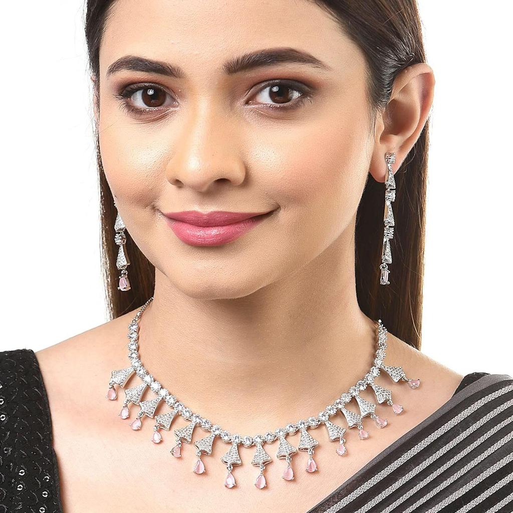 Rhodium Plated Silver Toned White American Diamond Studded Necklace With Earring Jewellery Set For Woment and Girl