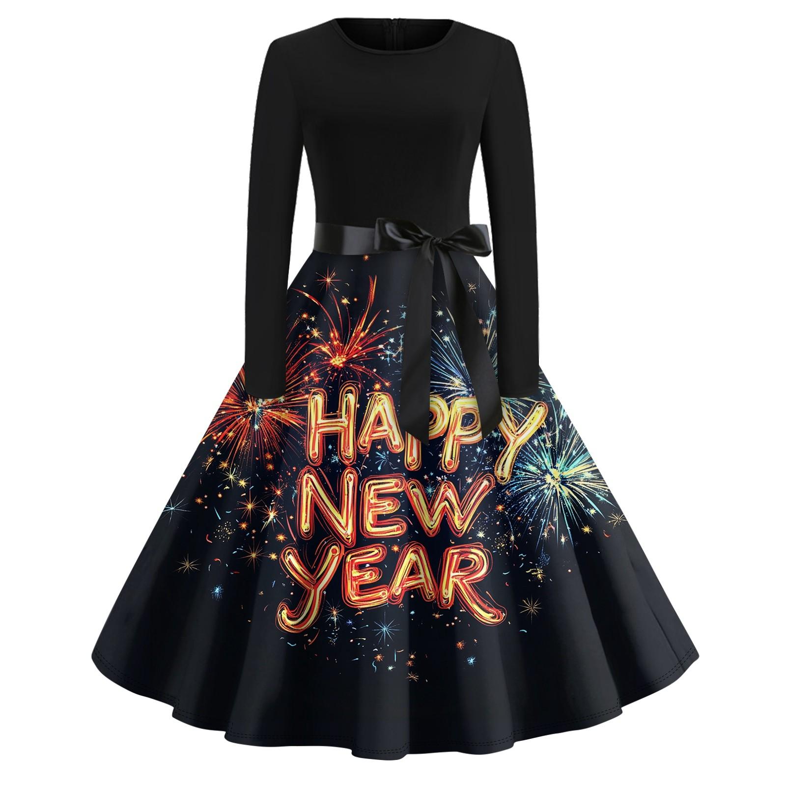Women s Vintage Classic Dress Long Sleeve  Print Round Neck Swing Dress L