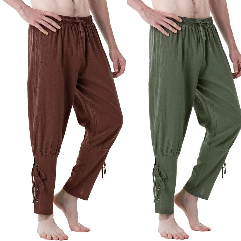 Pantaloni da Uomo in Puro Cotone Rinascimentali con Cinturino alla Caviglia - Costume da Pirata Vichingo Medievale