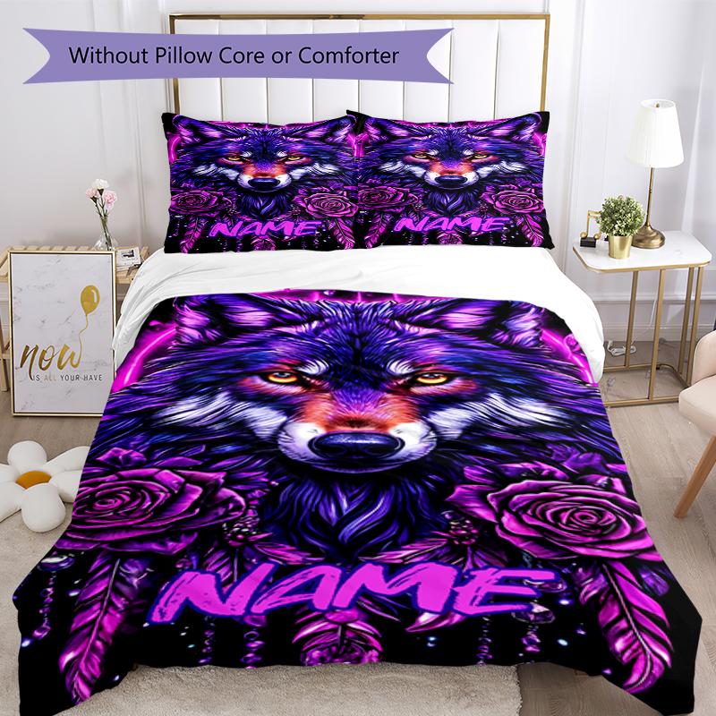 3pcs Custom Name Wolf Bedding Set Duvet Cover Closure Includes 1 Duvet Cover & 2 Pillowcases, Soft and Comfortable for All Seasons.