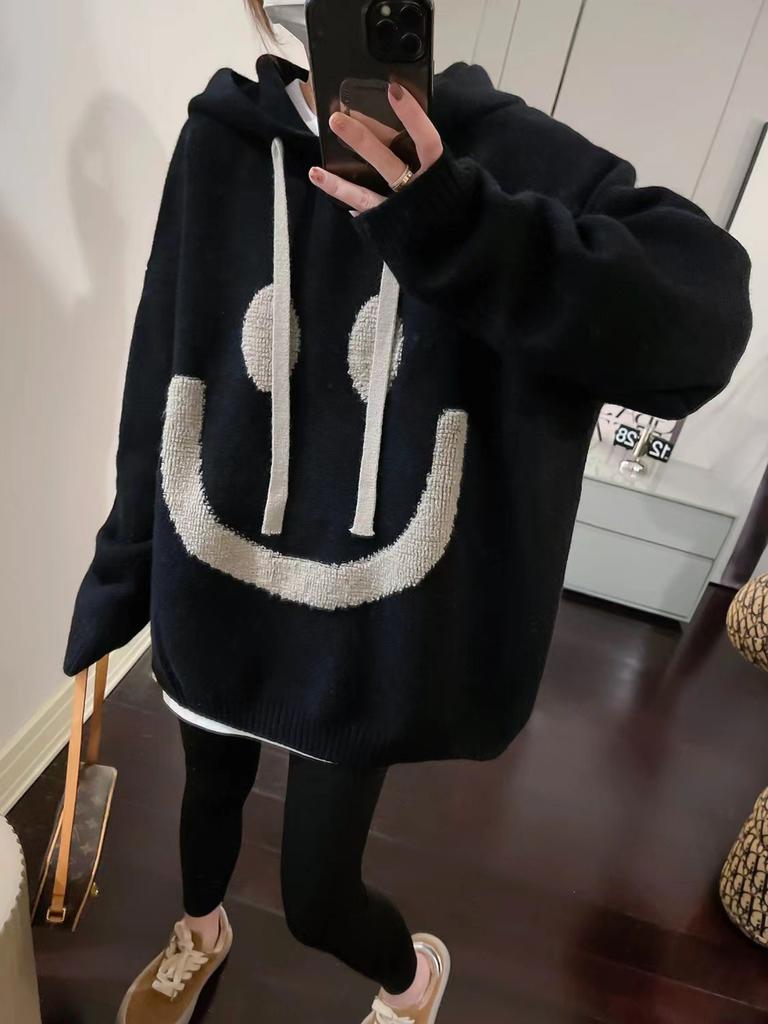 Ladies' Autumn and Winter Elegant and Fashionable Plus Size Casual Knitted Pullover Sweater with Smiling Face Pattern Long Sleeved Hooded Sweater