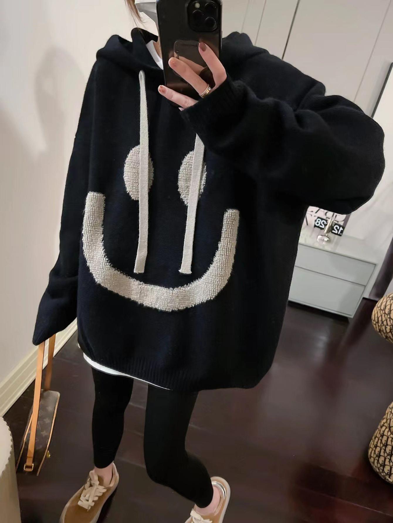 

Ladies Autumn and Winter Elegant and Fashionable Plus Size Casual Knitted Pullover Sweater with Smiling Face Pattern Long Sleeved Hooded Sweater one size чорний