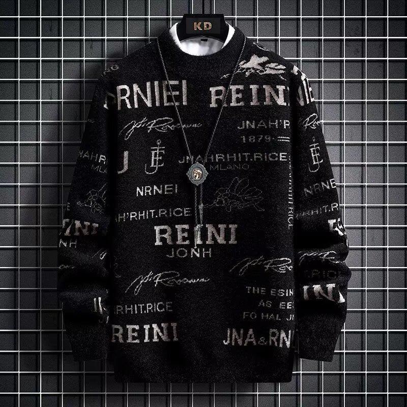 

Men s Trendy Mink Velvet Sweater - Half-High Collar, Letter Design, Thick & Warm, Fall/Winter Fashionable Knitwear M чорний
