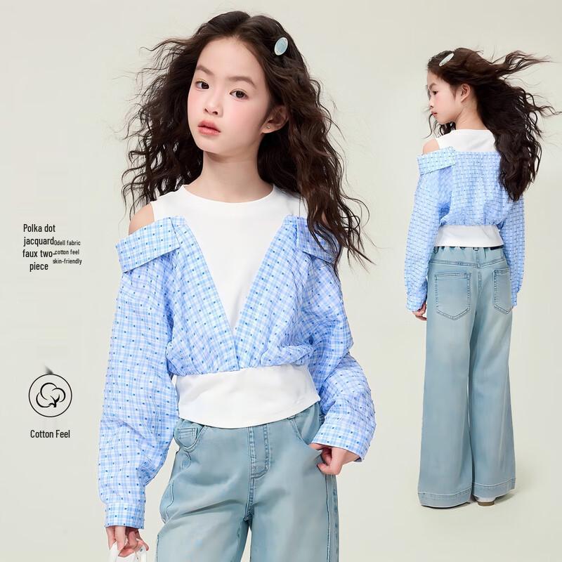 Girls  Polka Dot Jacquard Off-Shoulder Faux Two-Piece Top 120