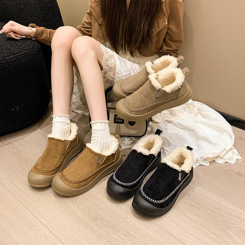Women's Lightweight Chunky-Soled Winter Insulated Fur-Lined Snow Boots Slip-Resistant Cushioned Casual Athletic Cotton Boots Slip-On Loafers