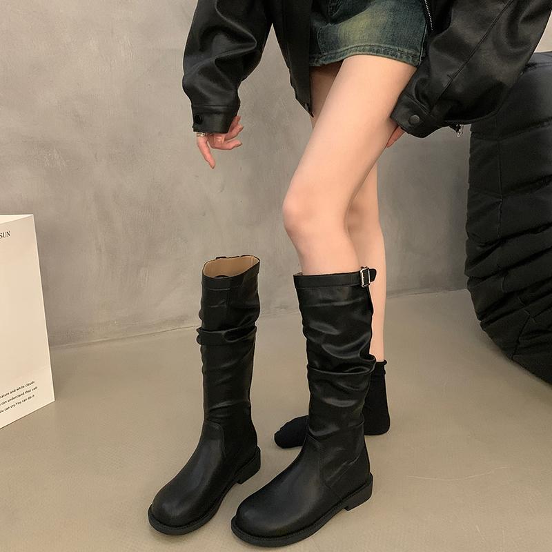 Vintage Pleated Woman Knee High Boots Shoes 2025 Spring Autumn Ladies Elegant Low Heel Knight Botas