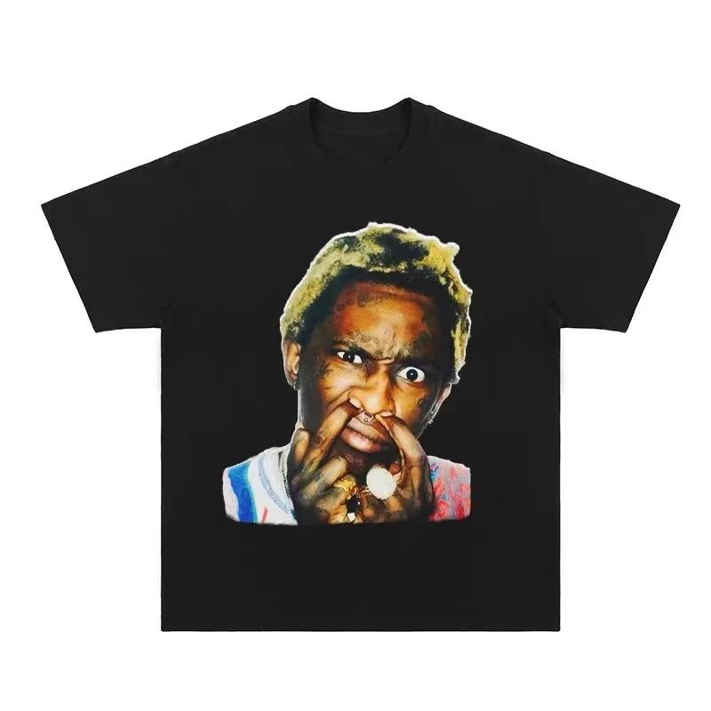 Rapper Young Thug Thugger Portrait Vintage Hip Hop Style Black Cotton Unisex T-shirt