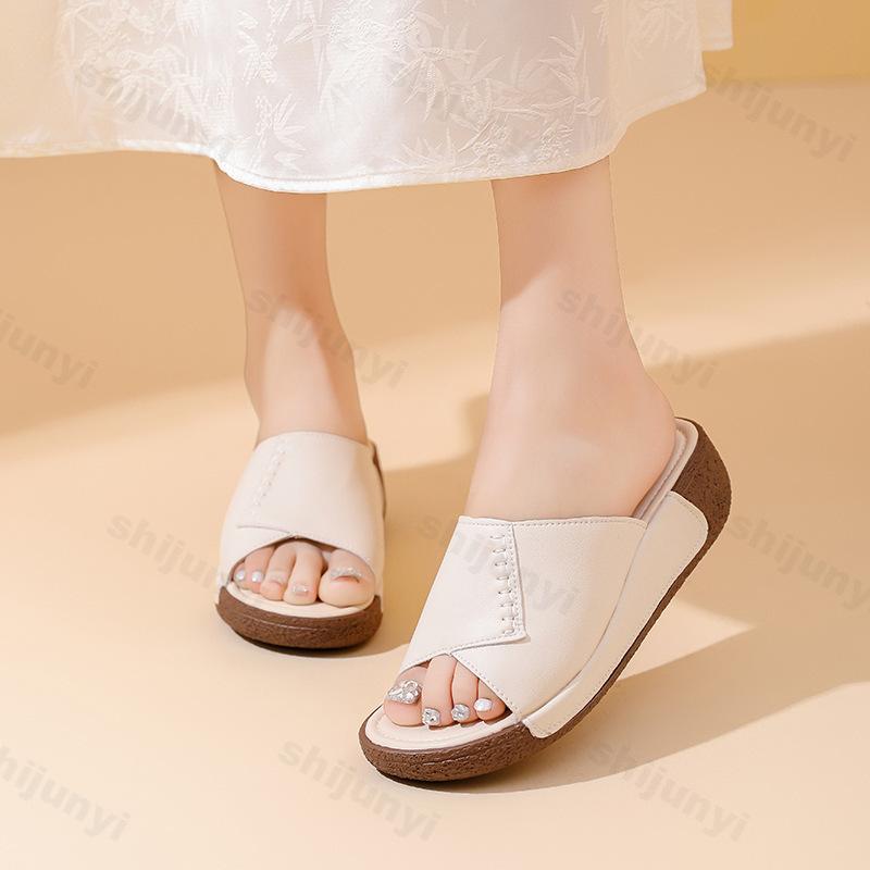 Fashion Women Leather Slippers Wedge Summer Comfortable Breathable Soft Fashion Outdoor Platform Slippers High-quality Women's Shoes