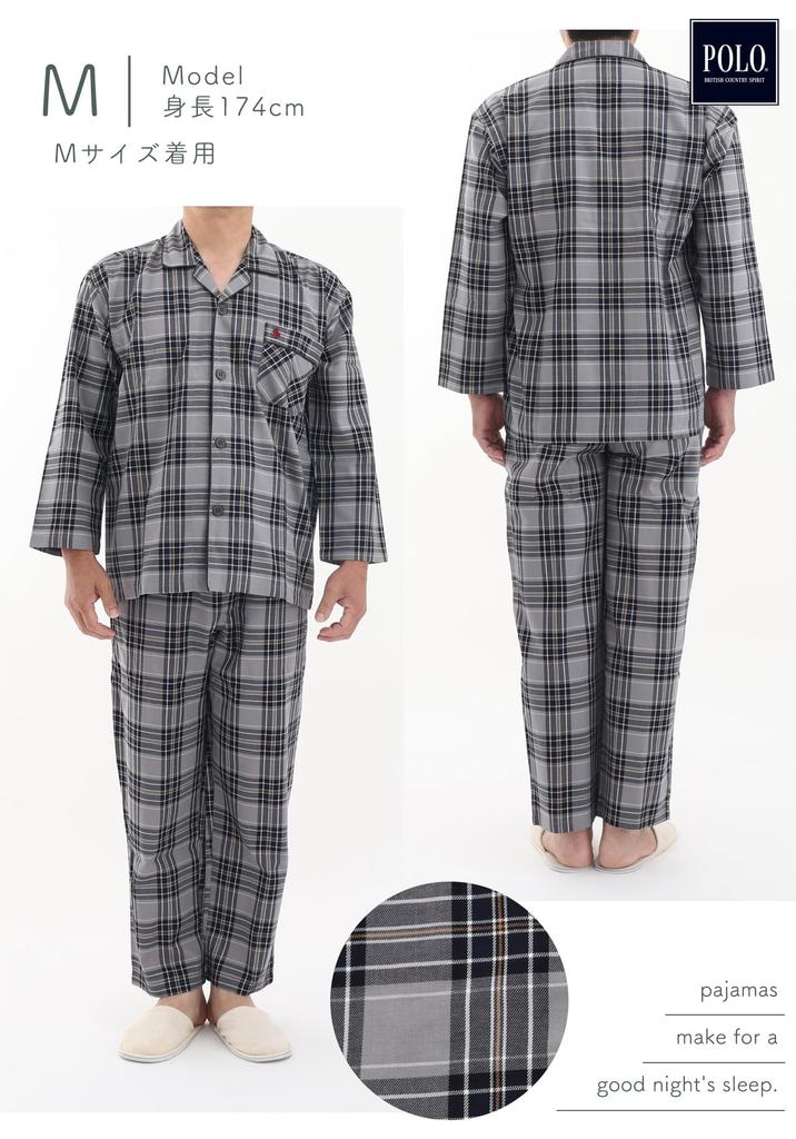 Kaitak Family POLO BCS Long Sleeve Viyella Pajama Check Gray and Sizes M and L Men's Shirt, 100% Cotton, Pattern, Navy, Spring/Autumn, (M, Gray)