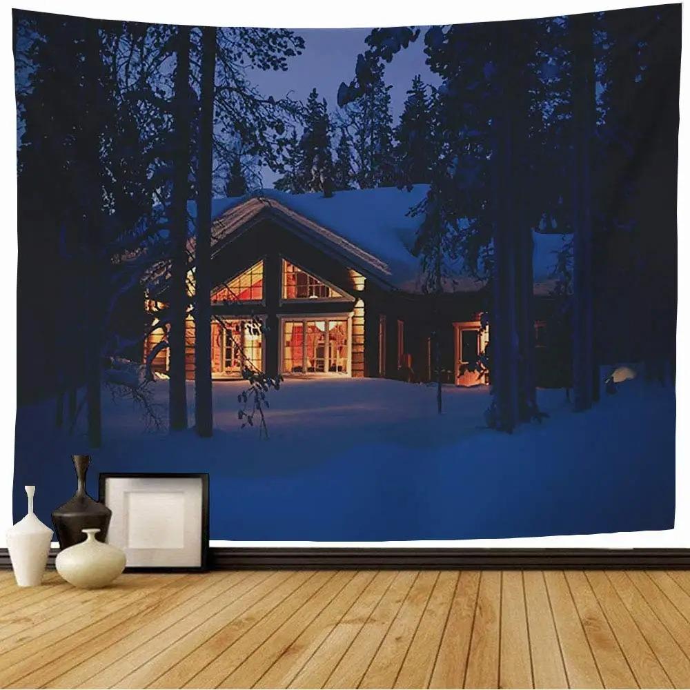 Snow House Tapestry Winter Landscape Tapestry Snowy Tree Woodland Tapestries Wall Hanging for Bedroom Living Room Dorm Office