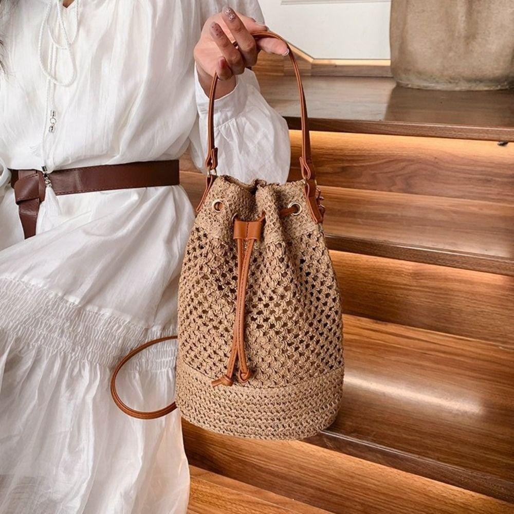 Häkel-Crossbody-Tasche mit Kordelzug Große Kapazität Gewebte Tragetasche Trendige Stroh-Eimertasche Damen