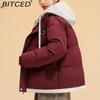 BITCED Pseudo-Two-Piece Cotton Coat Unisex Winter Fashion Contrast-Colour Hooded Sweatshirt Thickened Warm Cotton Jacket