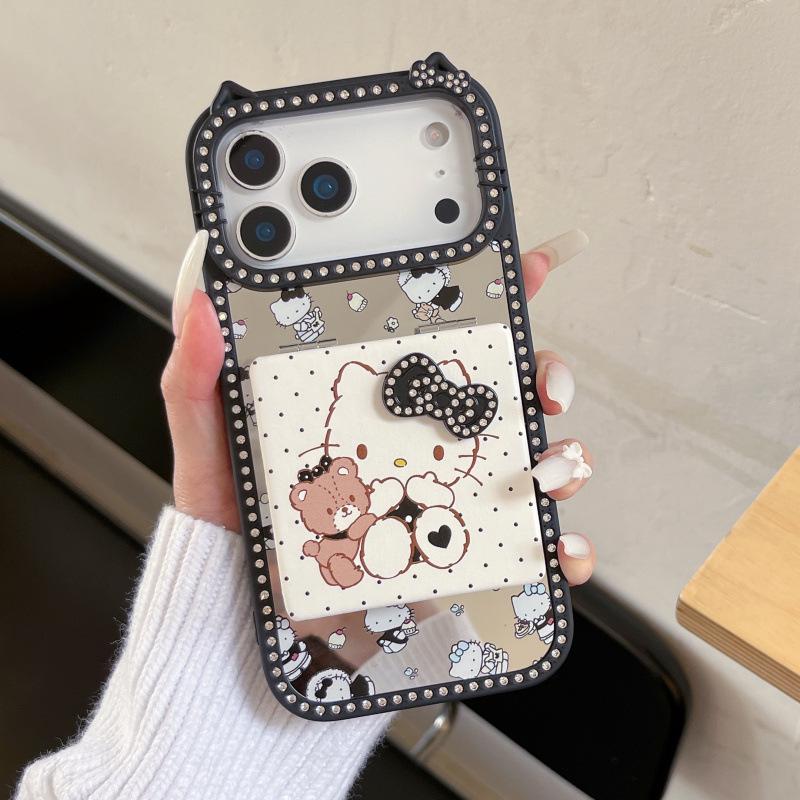 Ins Cute Double-Sided Rhinestone Full Screen KT Makeup Mirror for iPhone 17 Pro Max/16/15 Pro Max Cases.