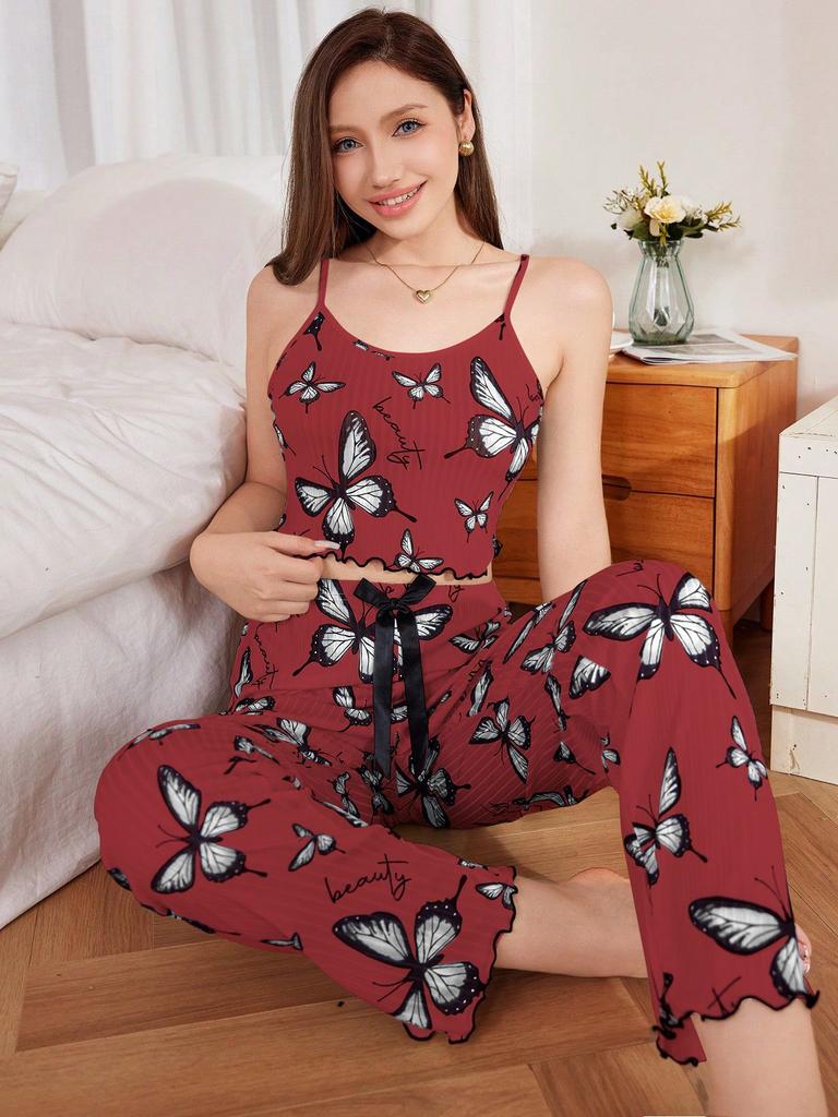 European and American Style Women’s Butterfly Print Cami Top and Long Pants Set Casual Comfortable Loungewear Pajamas