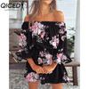 QICED Women's Fashion Summer Spring Solid Color Print 1/2 Sleeves One Shoulder High Waist Casual Dresses