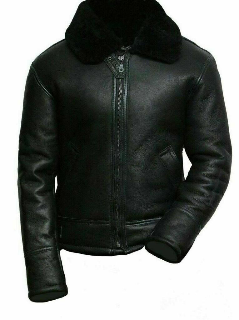 Mens Lambskin BLACK Leather Jacket, Handmade Shearling faux FUR Collar Leather Jacket With Zipper, Celebrity Sheep Leather Jacket Black