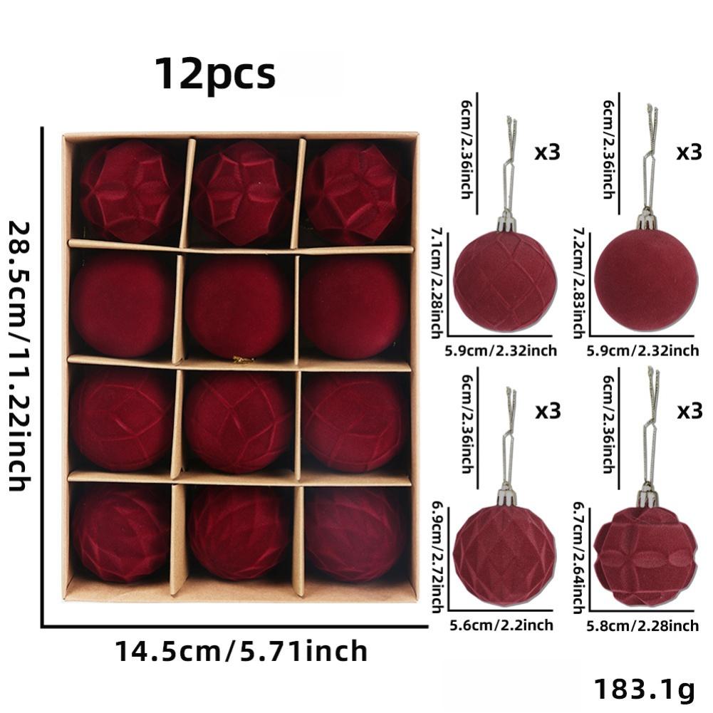 12pcs Velvet Flocked Christmas Ornaments Festive Hanging Balls For Xmas Tree, Table, Window Door Hanging Flower Wreath Decor