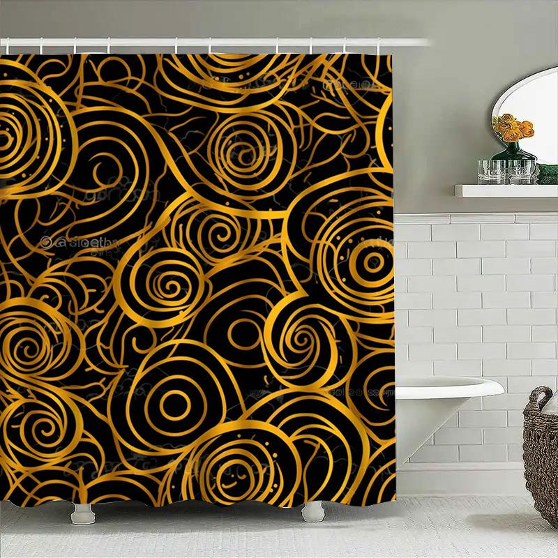 

Luxury Black Gold Swirl Print Shower Curtain Waterproof Washable Decorative Bathroom Accessories 90x180cm