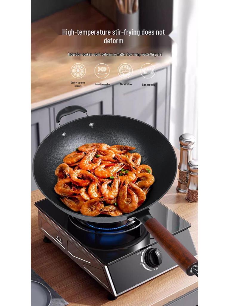 Traditioneller Gusseisen-Wok mit flachem Boden - Antihaftbeschichtet, keine Beschichtung, geeignet für Gas- und Induktionsherde.