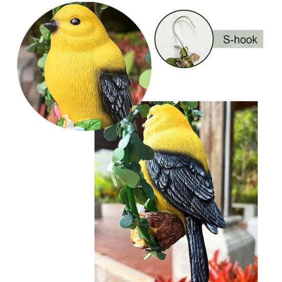 Bird On Wreath Figurine Resin Bird Hanging Decoration Garden Tree Hanging Bird Statue for Patio Porch Terrace Windows