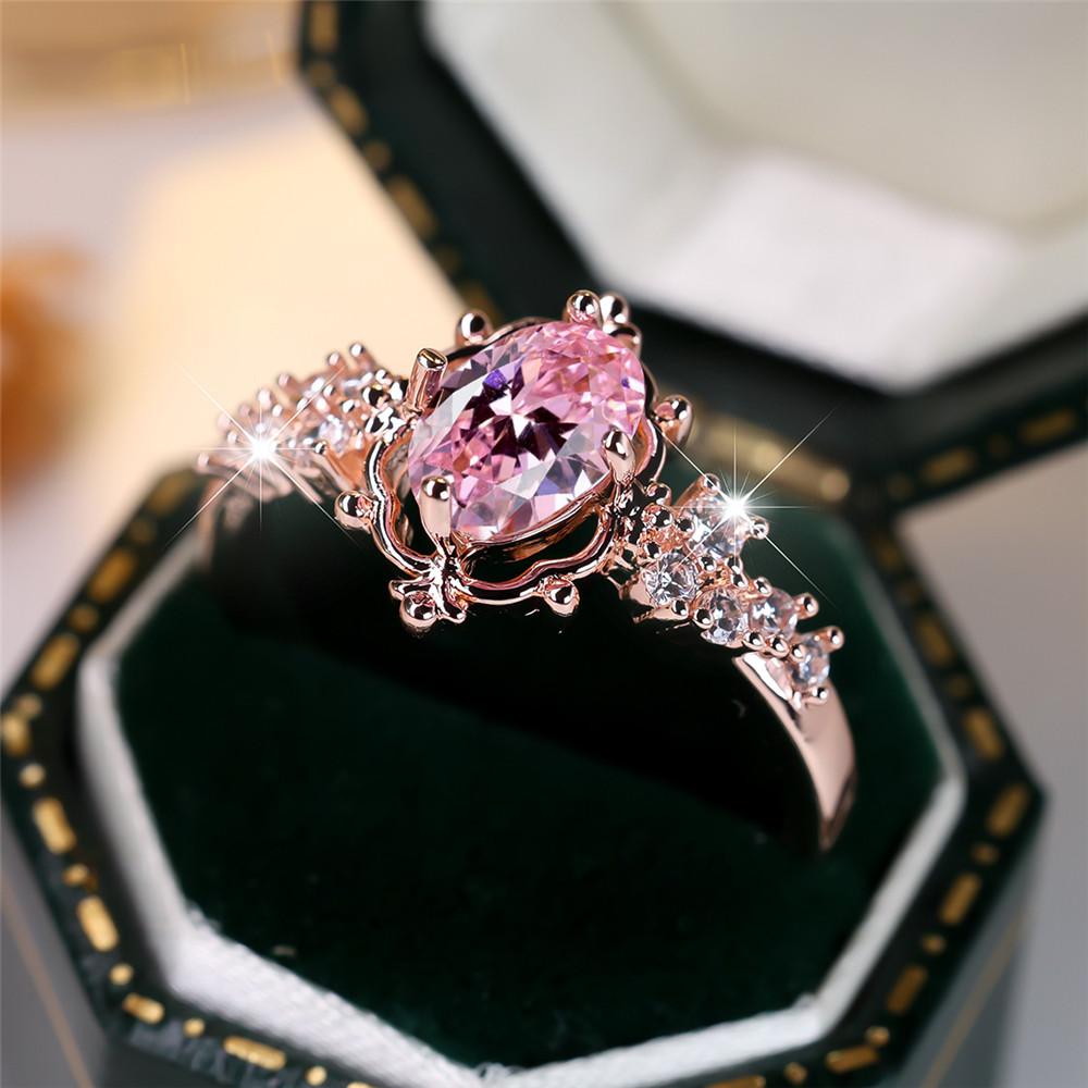 Luxury Crystal Pink Zircon Oval Stone Flower Rings For Women Vintage Rose Gold Color Wedding Band Bridal Jewelry Engagement Gift