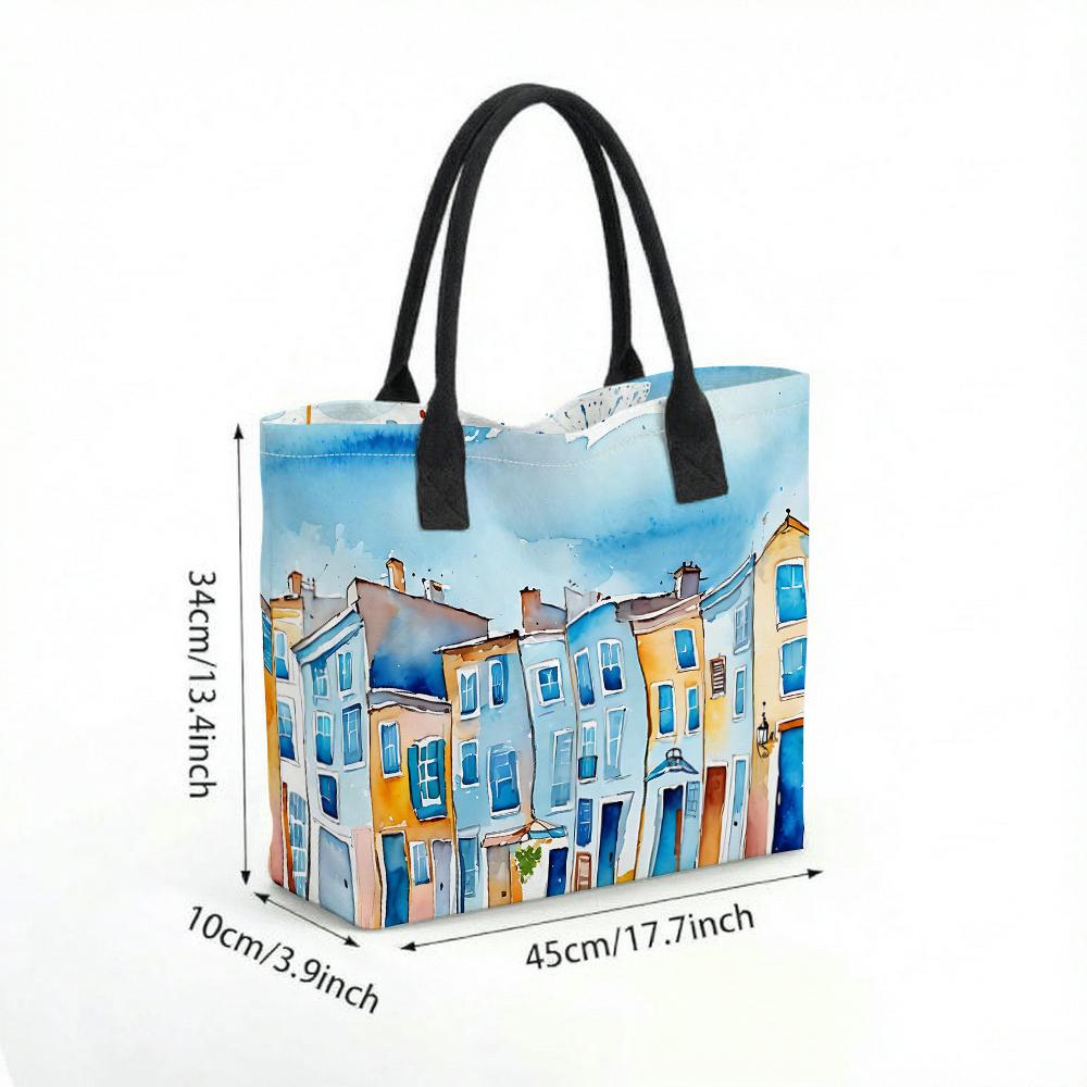 Watercolor Cityscape Tote Bag Casual Large Capacity Handbag For Daily Shopping Travel