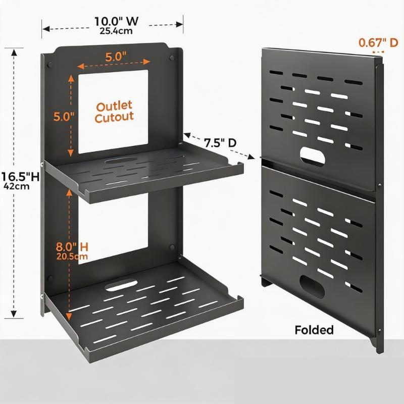 Folding Router Wall Shelf in Cold-Rolled Steel with Two Storage Levels and Cable Routing for Home Internet Devices