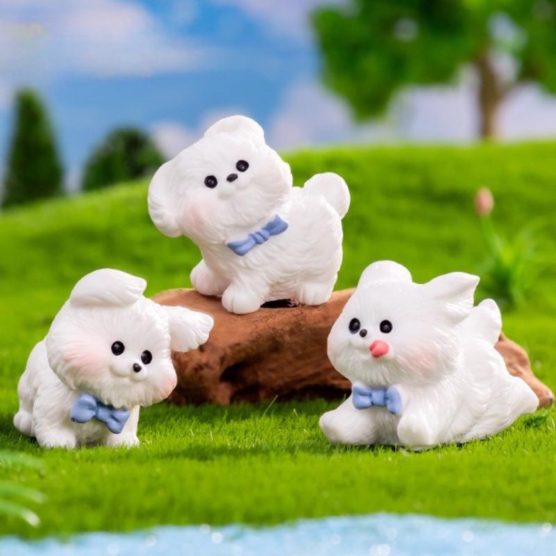 Cute White Running Puppy 3D Resin Figurine Pet Dog Bichon Frise Desktop Decoration Garden Moss Miniatures Sence DIY Decoration