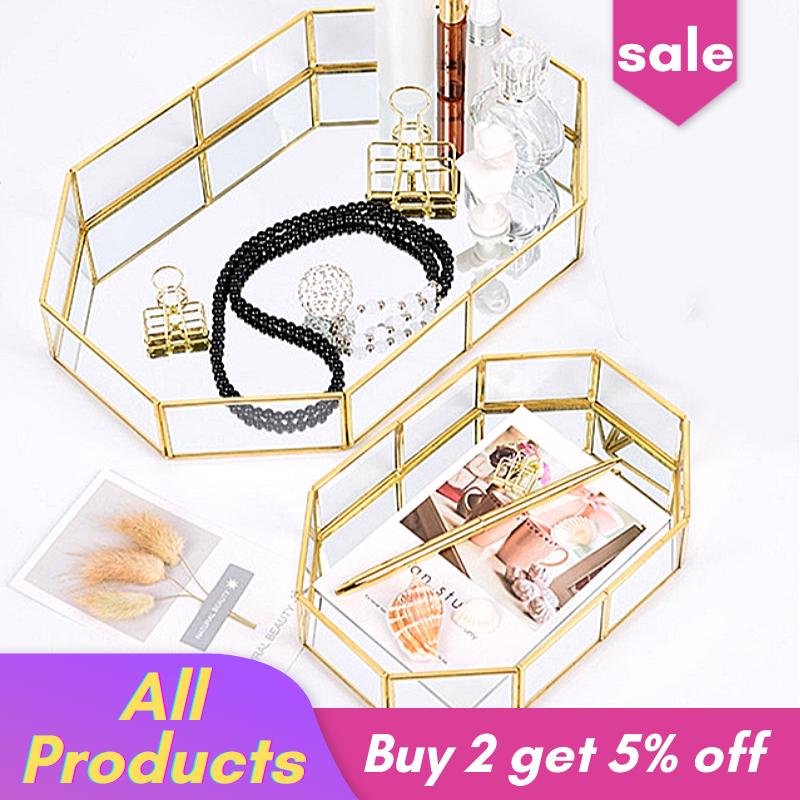 Golden Mirror Tray Cosmetic Container Jewelry Organizer Case Bathroom Storage Lipstick Necklace Desktop Pantry Organizer Cake