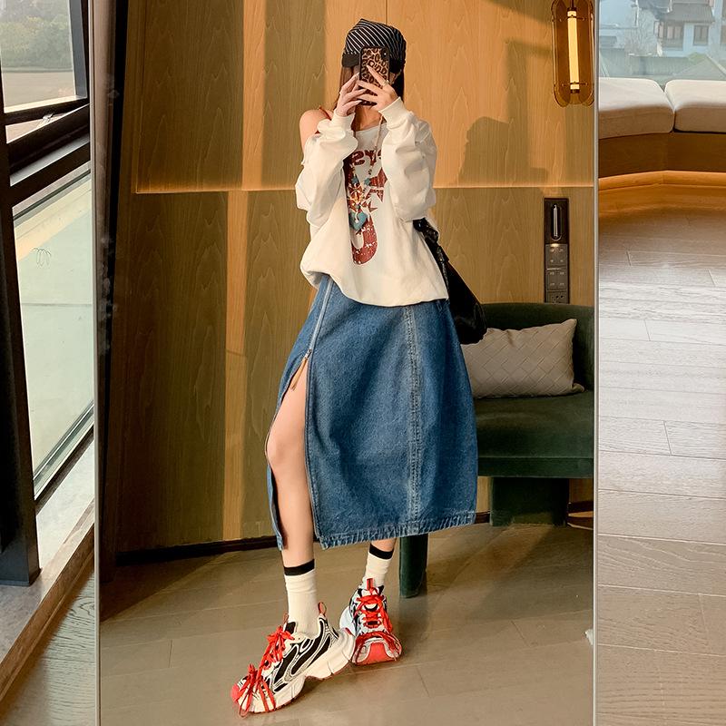 2026 Spring New Design: Women's Floral Tulip Midi Denim Skirt with Zipper