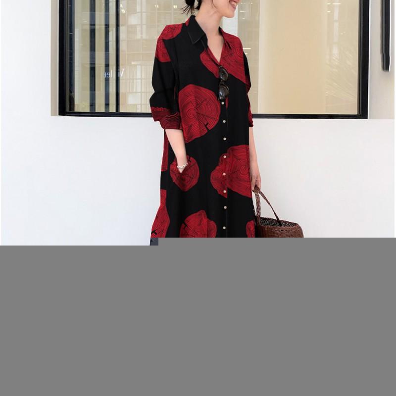 Large Size Women's Clothing Cotton Linen Printed Long Sleeves Simple Loose Casual Shirt Dress