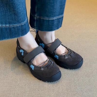Sheepskin Version~ Retro Mountaineering Sneakers Platform Mary Jane Shoes Women's Velcro Functional Wind Leather Versatile Single Shoes