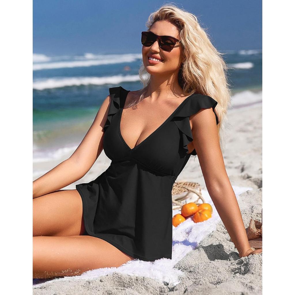 CHARMLEAKS Women Tankini Top Ruffled Shoulder Bathing Suit Top V Neck Swimsuit Top Flowy Bikini Tank Top