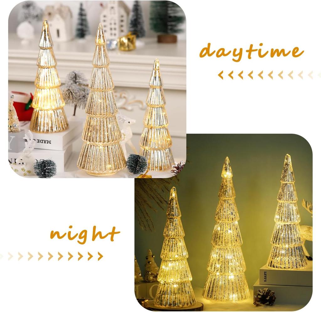 3 Pcs Gold Mercury Glass Christmas Tree with Lights – Tabletop Holiday Decor